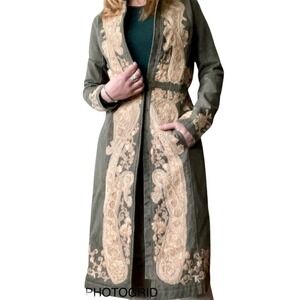 Plenty Tracy Reese Anthropologie Olive Green Embroidered Long Denim Nehru Jacket